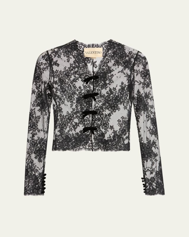Mock-Neck Sheer Lace Long-Sleeve Top